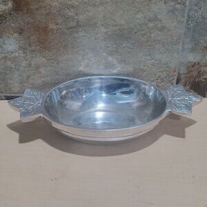 Vintage Pewter Oval Bowl Leaf Decorative Handles